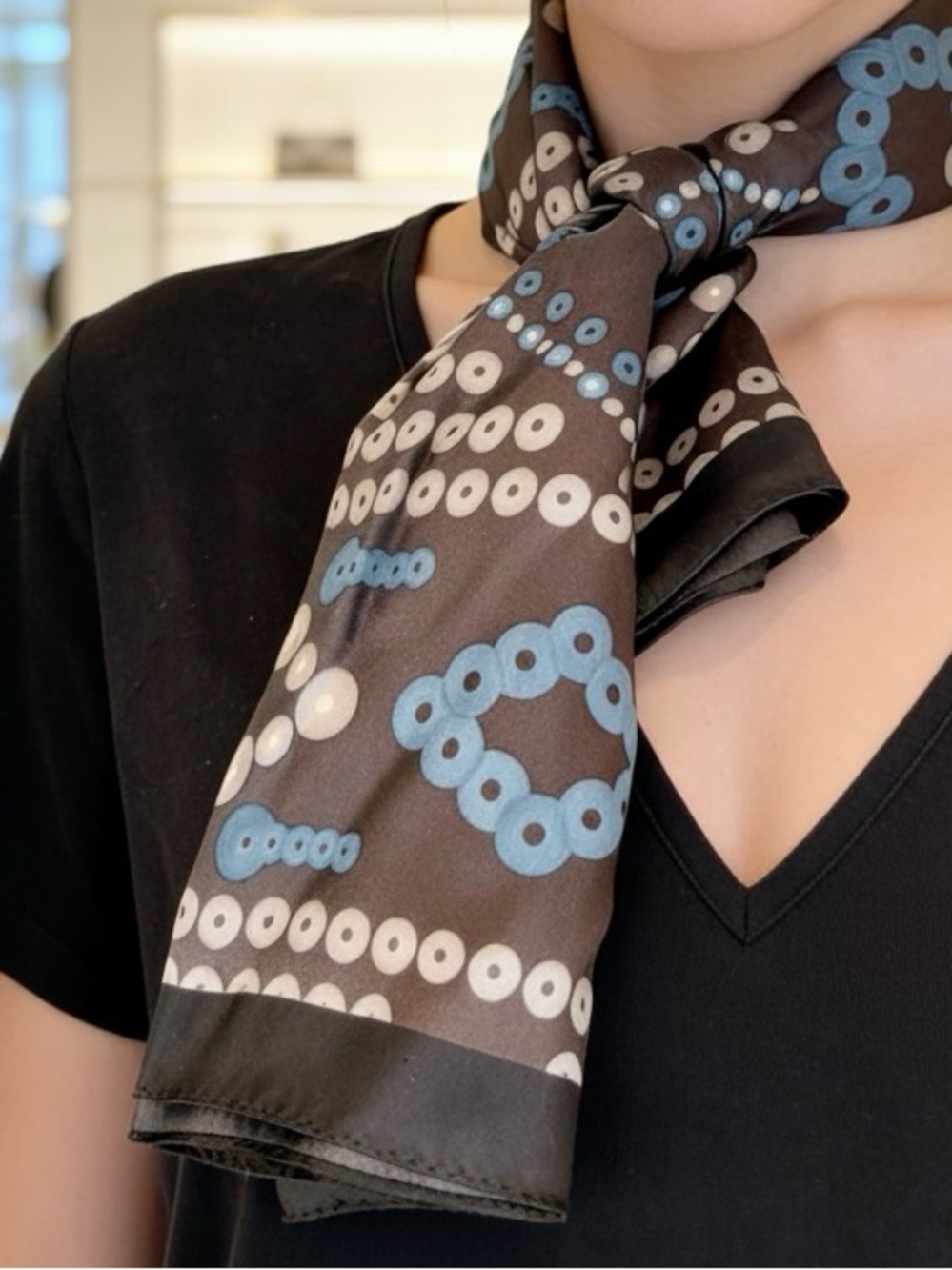 Adrienne Landau Silk Scarf Square Black Teal Gray Geometric